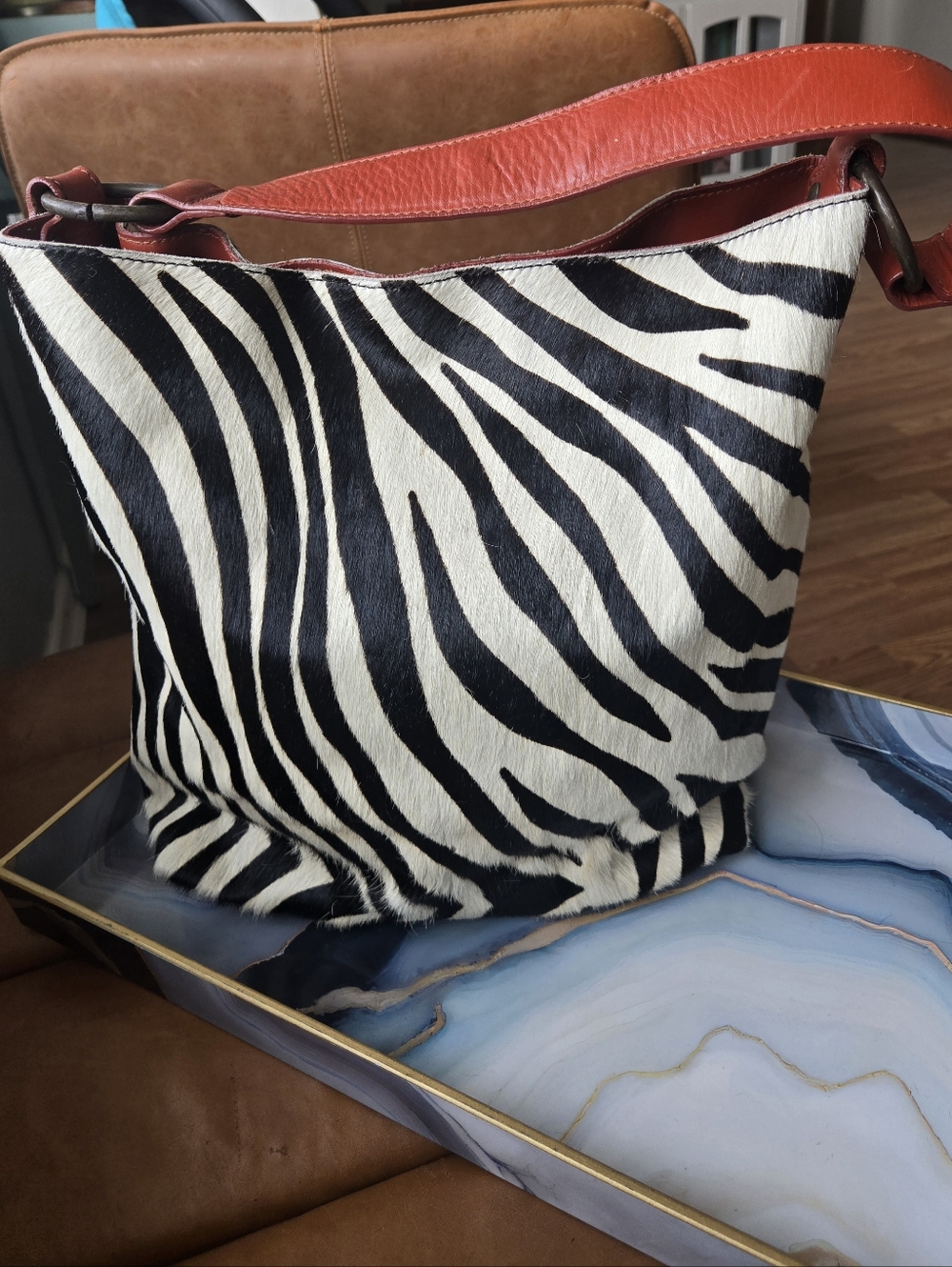 Maurizio Taiuti• Vintage Italian Zebra Print Leather Shoulder Bag with Red Strap